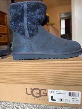 UGG Navy Short Suede Boot with Sparkle Knit Cuff